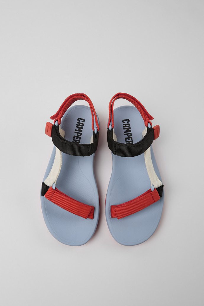 Overhead view of Match Red, white, and black sandals for women
