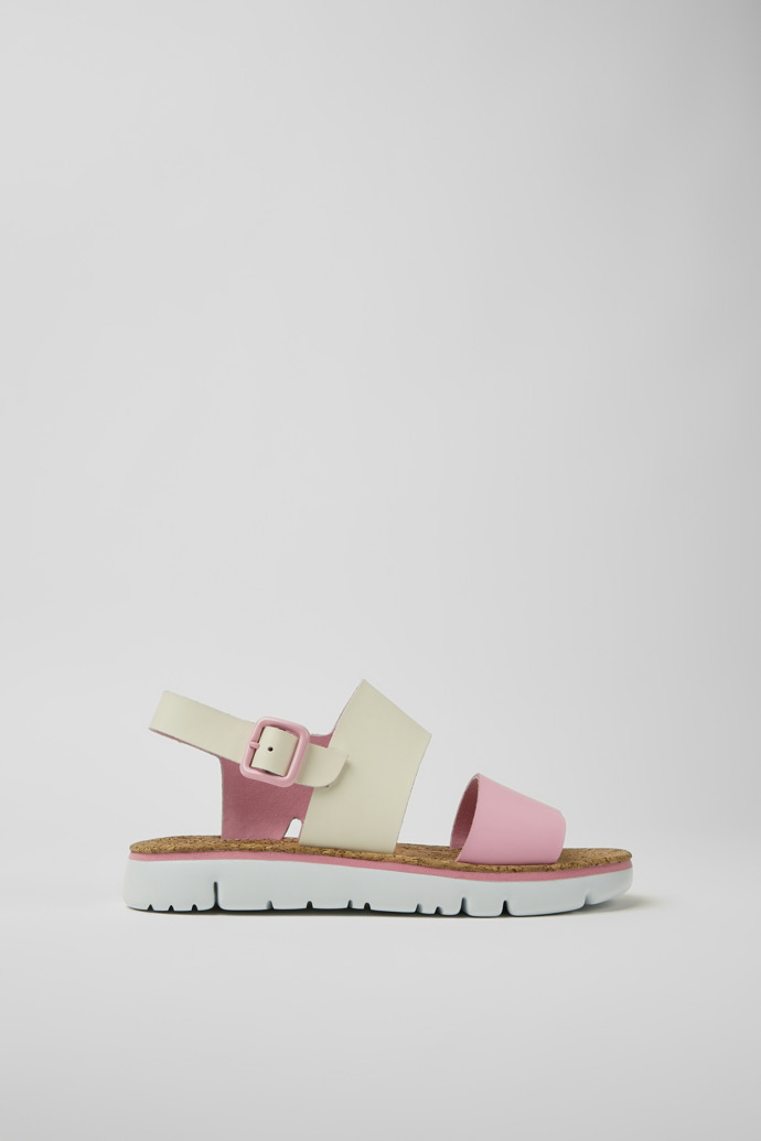 Side view of Oruga White and pink leather sandals for women
