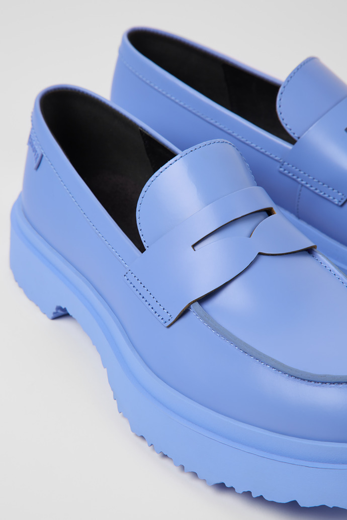 Close-up view of Walden Blue leather loafers for women