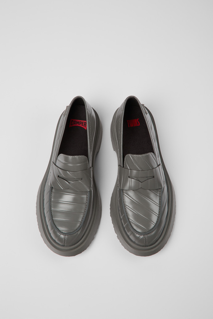 Image of Overhead view of Twins Gray leather loafers for women