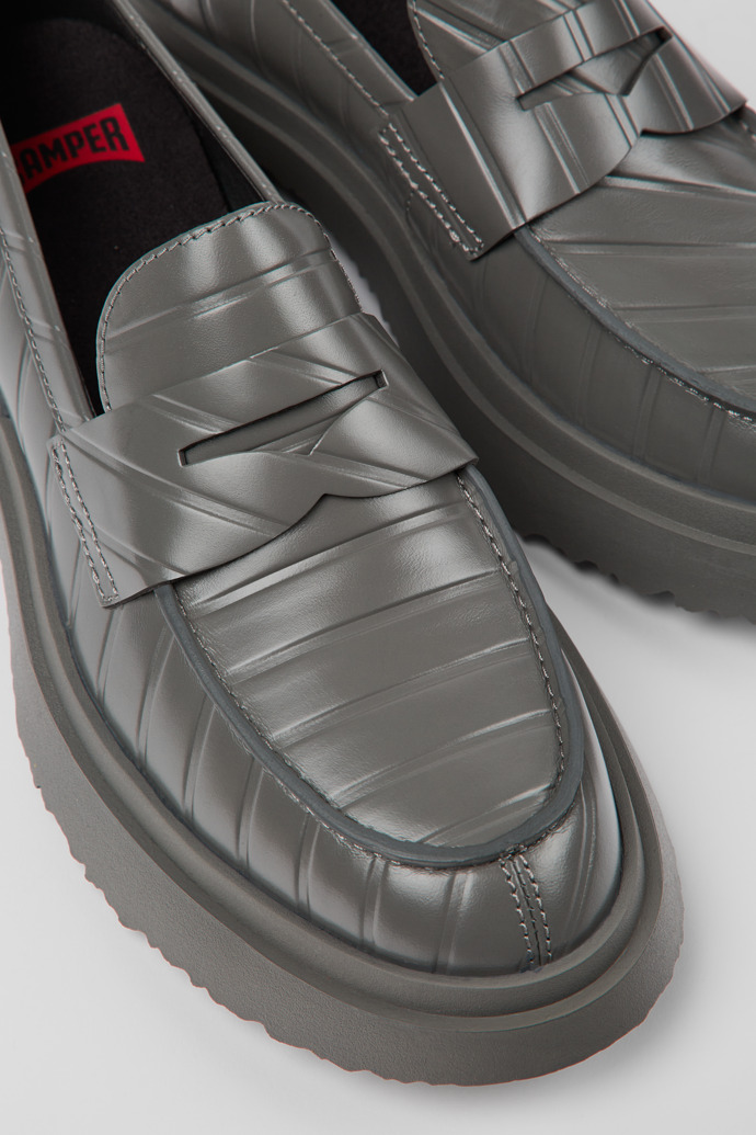 Close-up view of Twins Gray leather loafers for women
