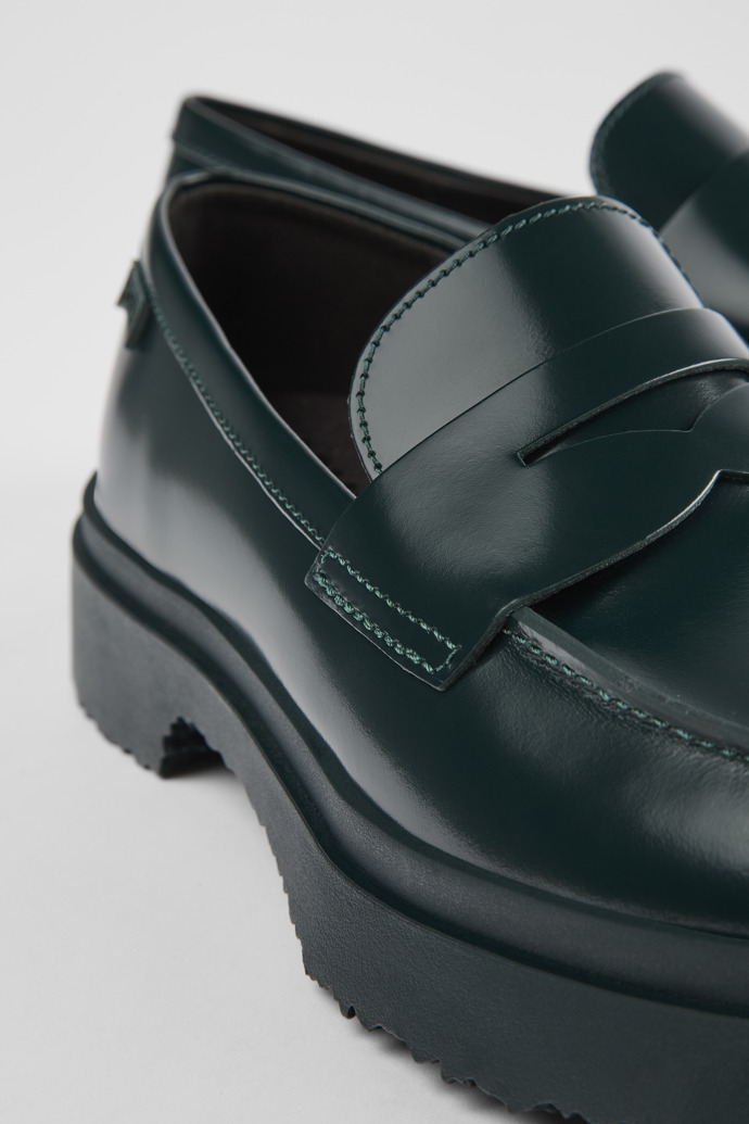 Close-up view of Walden Green leather loafers for women