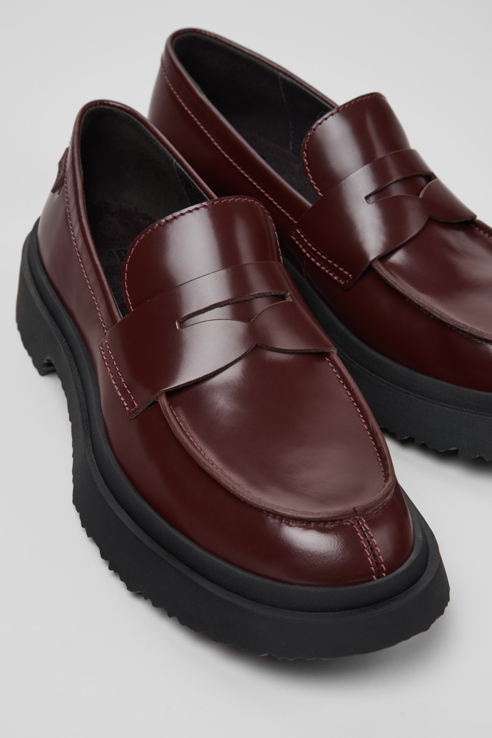 Close-up view of Walden Burgundy Leather Moccasins for Women.