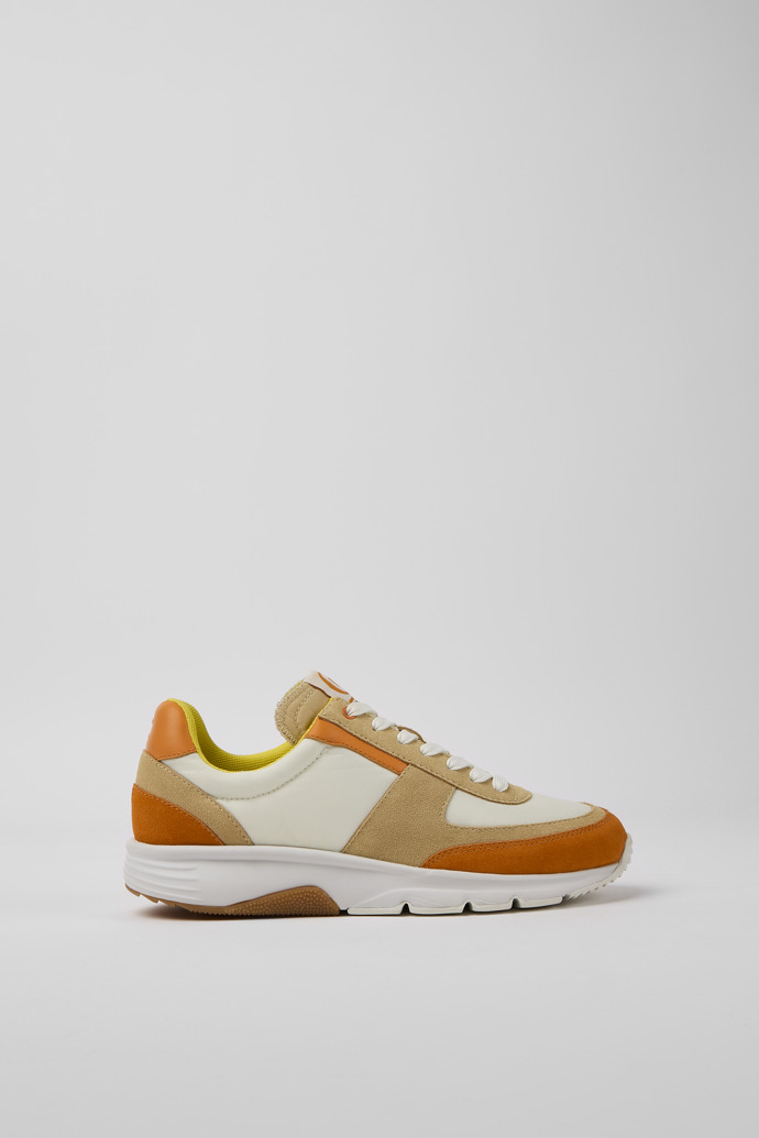 Side view of Drift White, beige, and orange nubuck sneakers for women