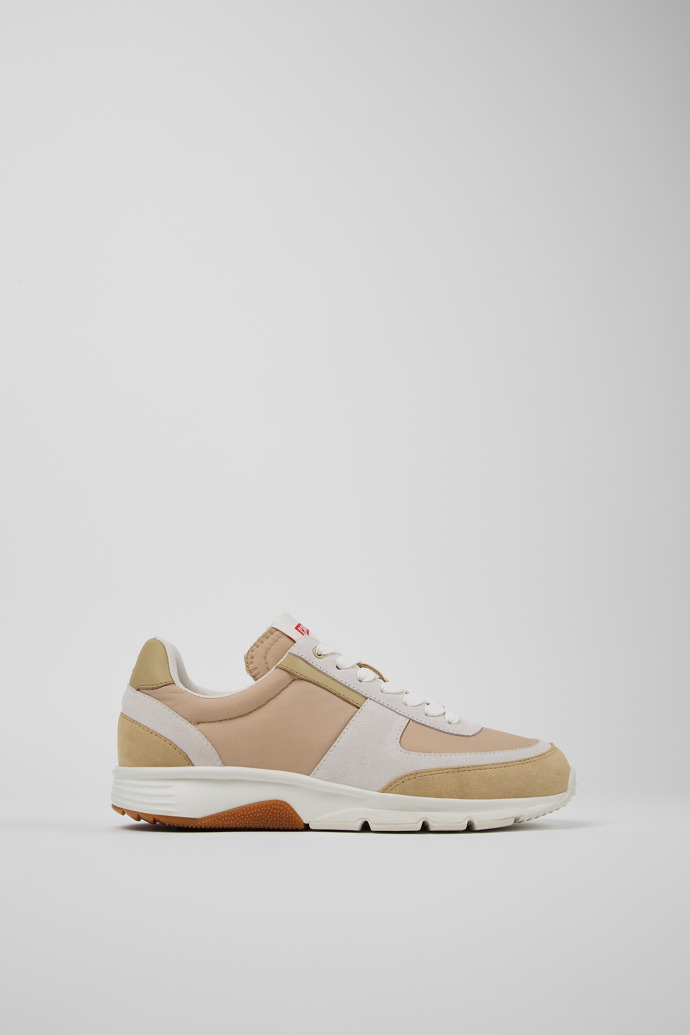 Side view of Drift Beige, white, and brown sneakers for women