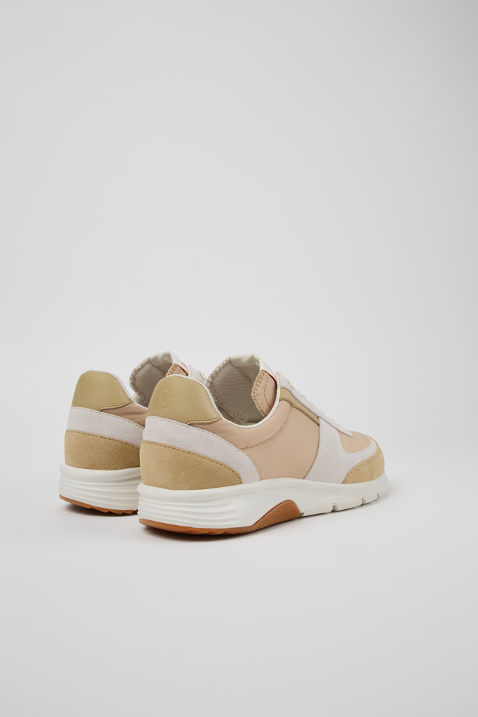 Back view of Drift Beige, white, and brown sneakers for women