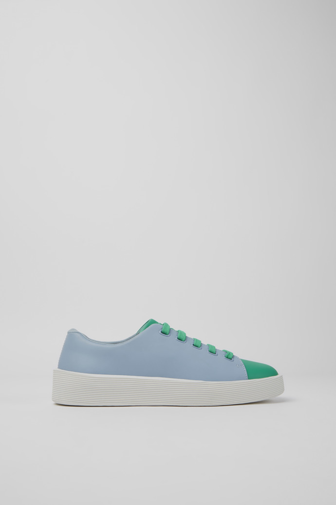 Side view of Twins Green, blue, and white leather sneakers for women