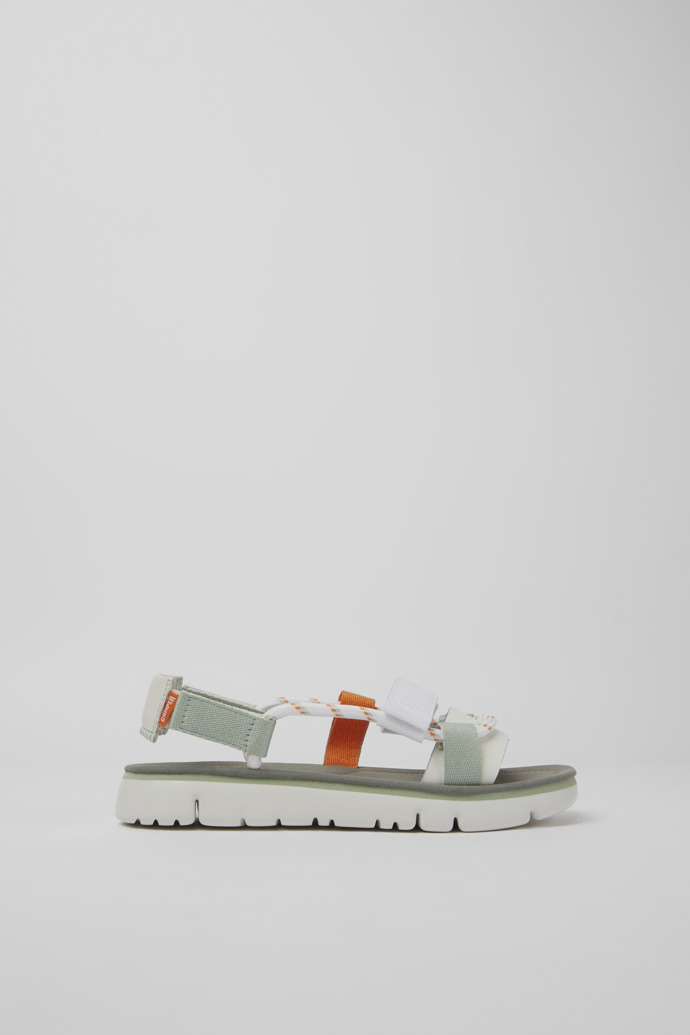 Image of Side view of Oruga White, green, and orange sandals for women