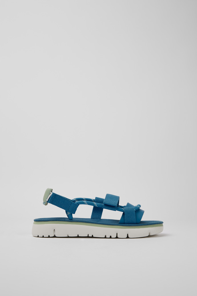 Image of Side view of Oruga Blue and green leather sandals for women