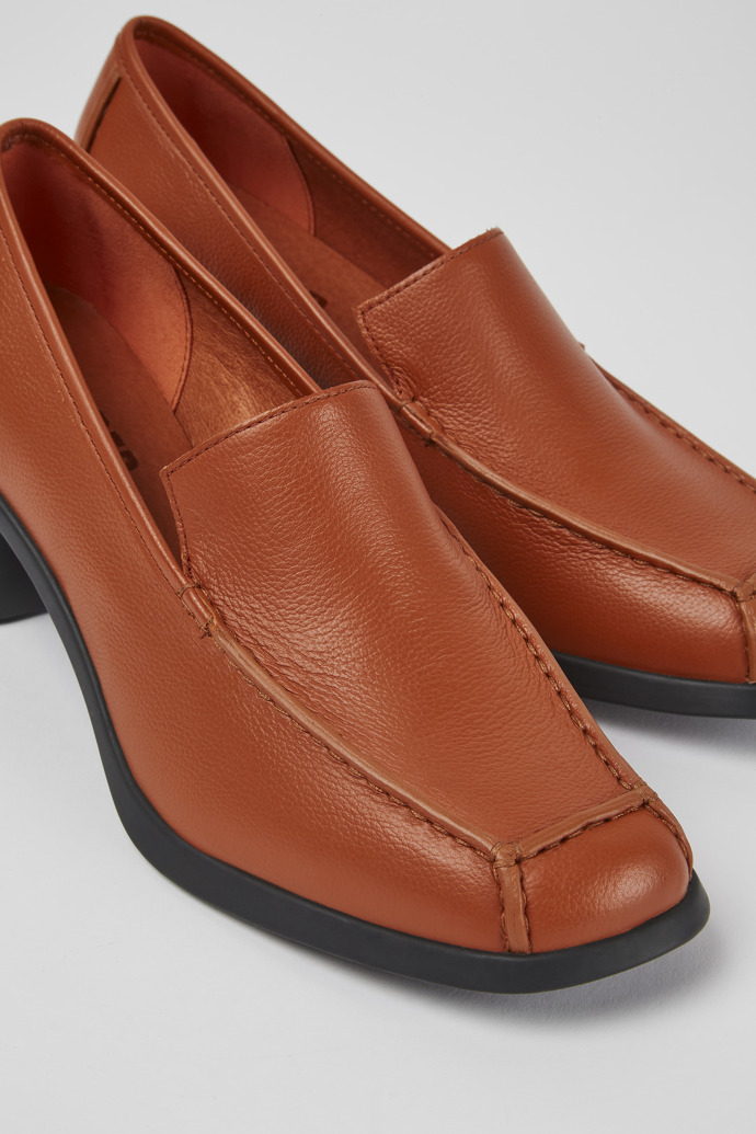 Close-up view of Meda Brown leather heels for women