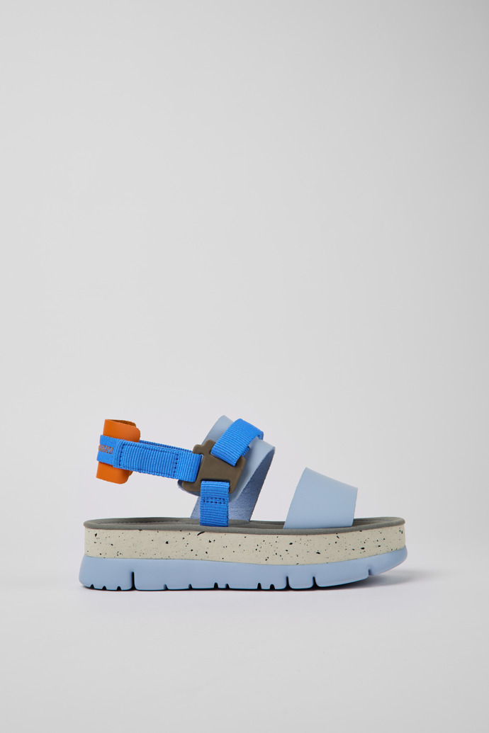 Side view of Oruga Up Blue and orange leather sandals for women
