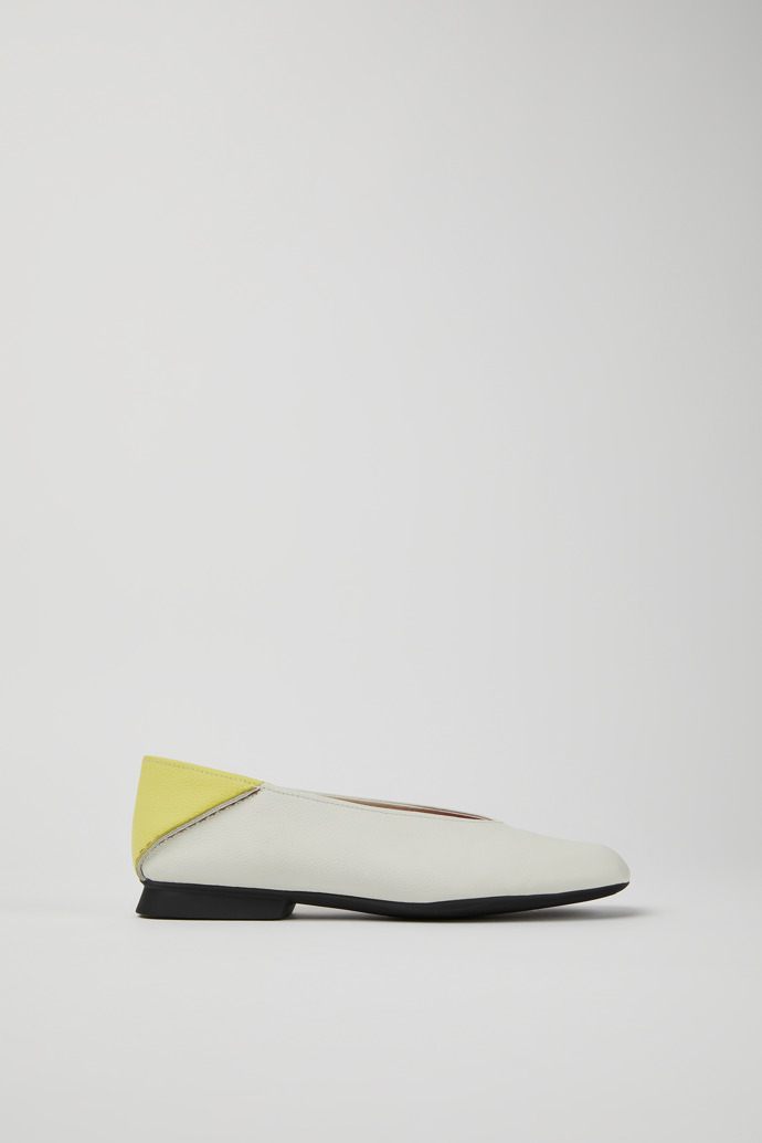 Side view of Casi Myra White and yellow leather ballerina flats for women