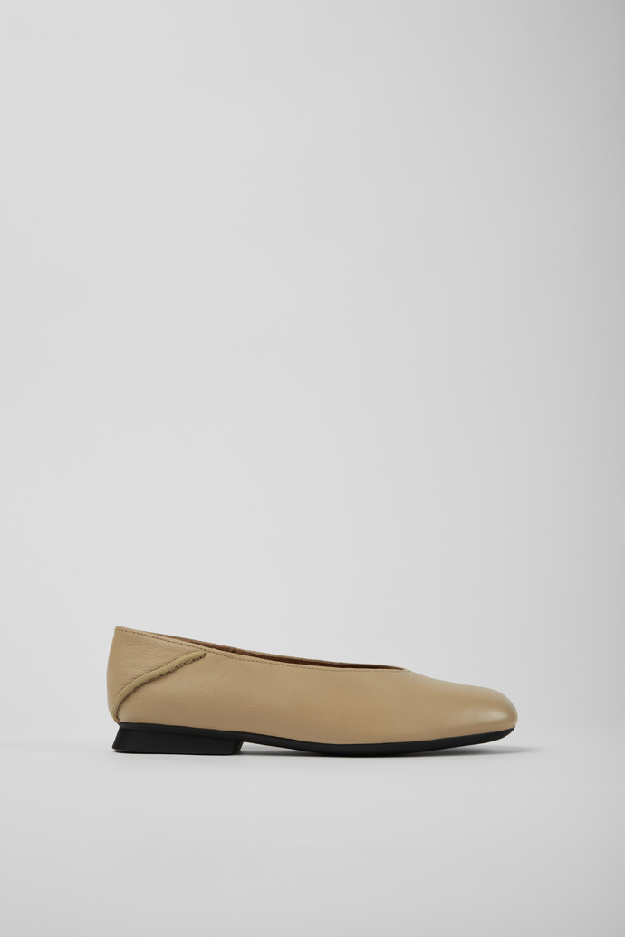 Image of Side view of Casi Myra Beige leather ballerinas for women