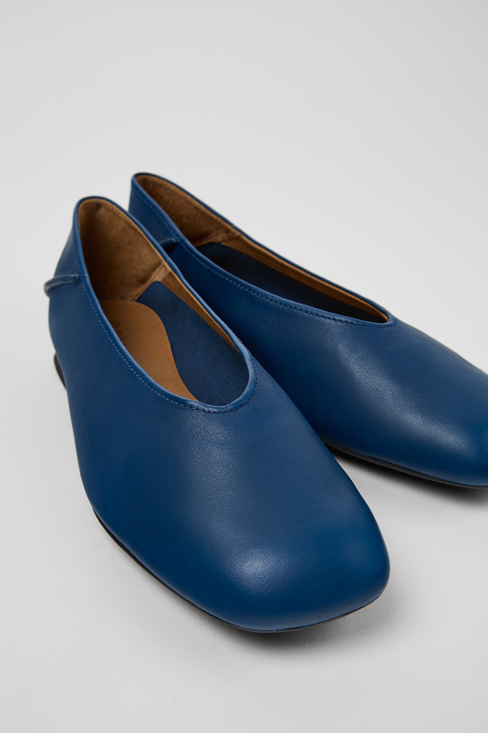 Close-up view of Casi Myra Blue leather ballerinas for women