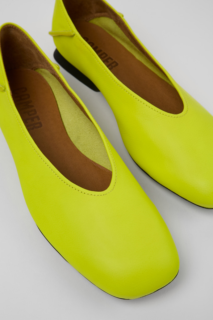 Close-up view of Casi Myra Yellow leather ballerinas for women