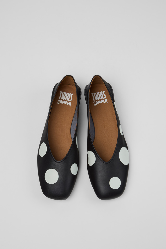 Overhead view of Twins Black and White Leather Ballerinas for Women.