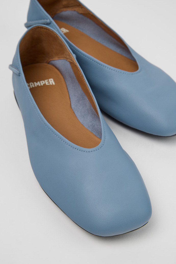 Close-up view of Casi Myra Blue Leather Ballerinas for Women.
