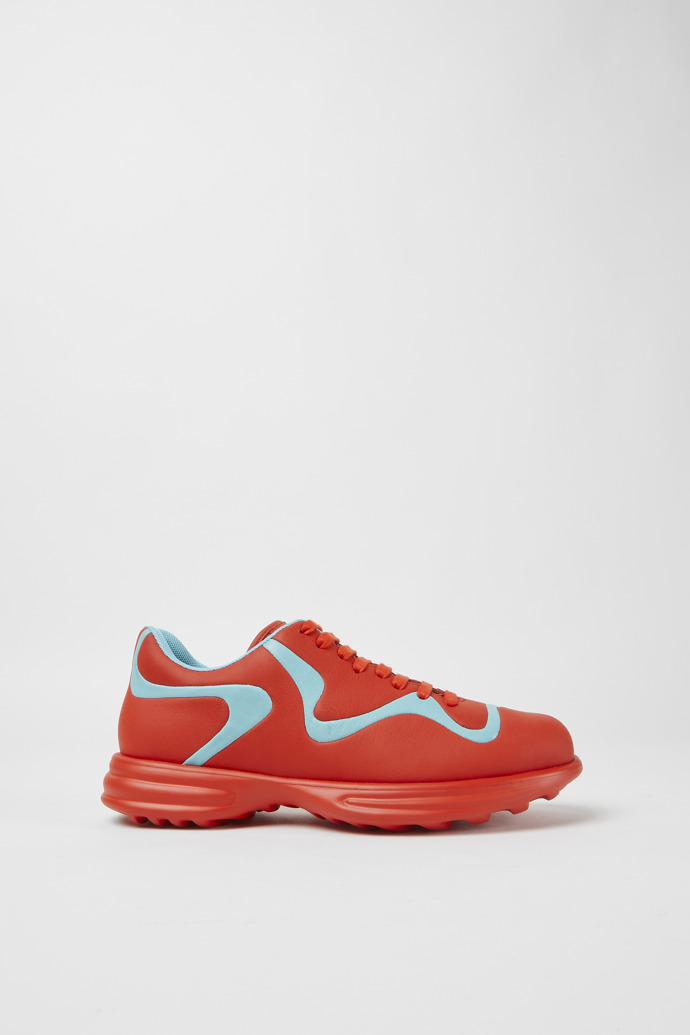 Side view of Twins Red and turquoise leather lace-up sneakers