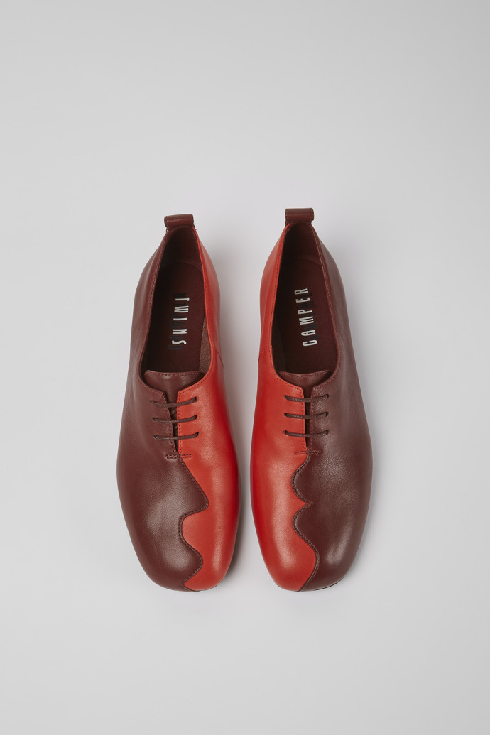 Overhead view of Twins Burgundy and red leather shoes