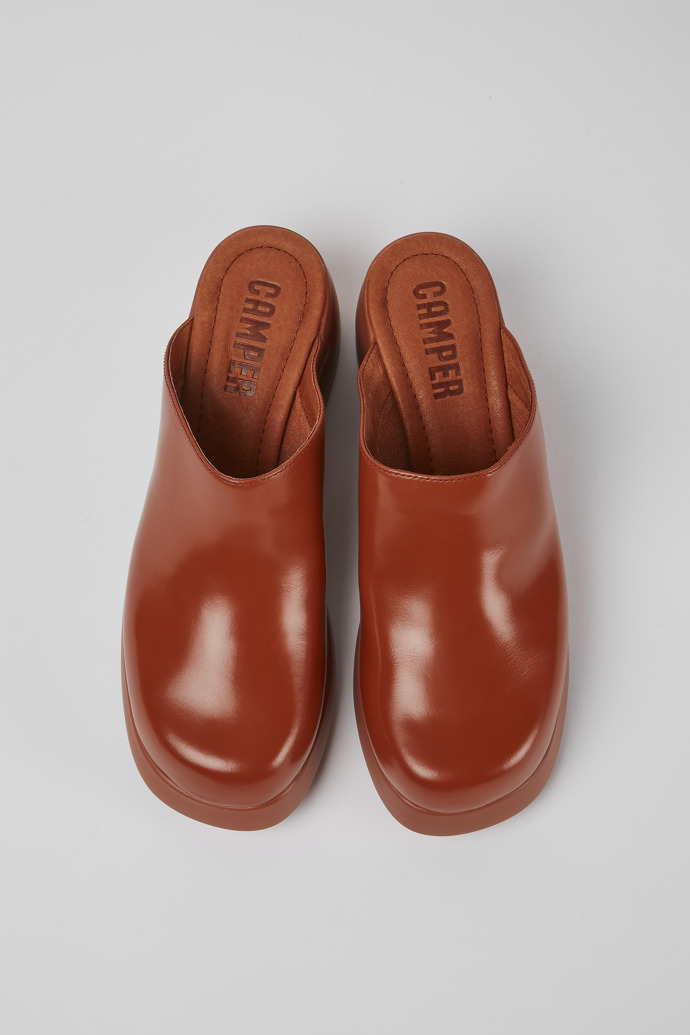 Overhead view of Kaah Brown leather clogs