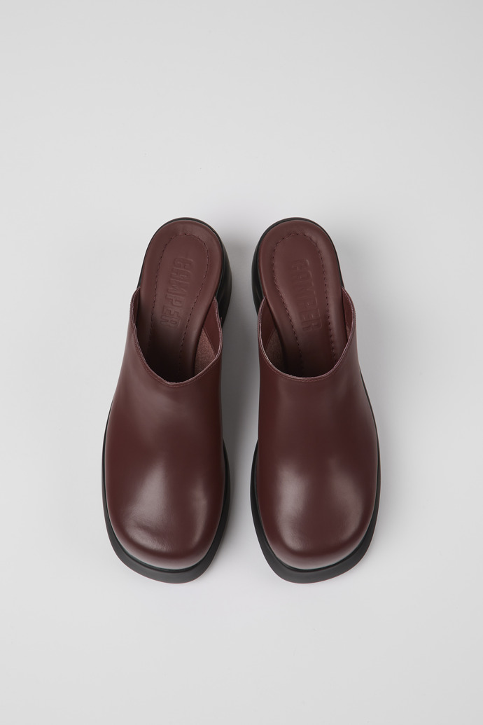 Overhead view of Kaah Burgundy leather mules for women
