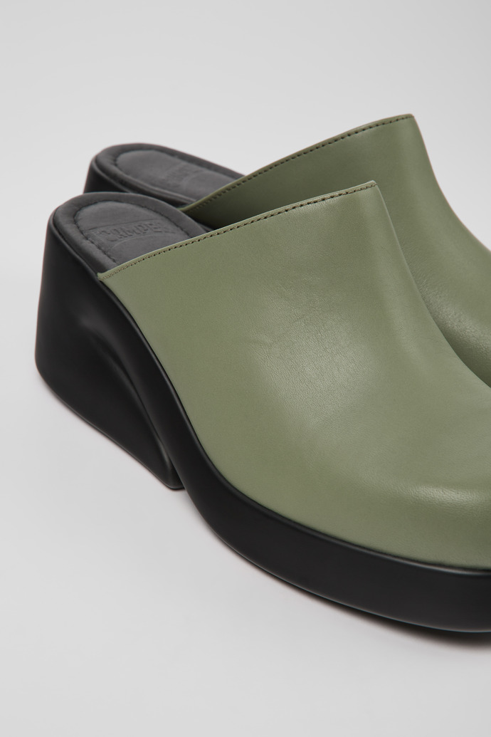 Close-up view of Kaah Green leather mules for women