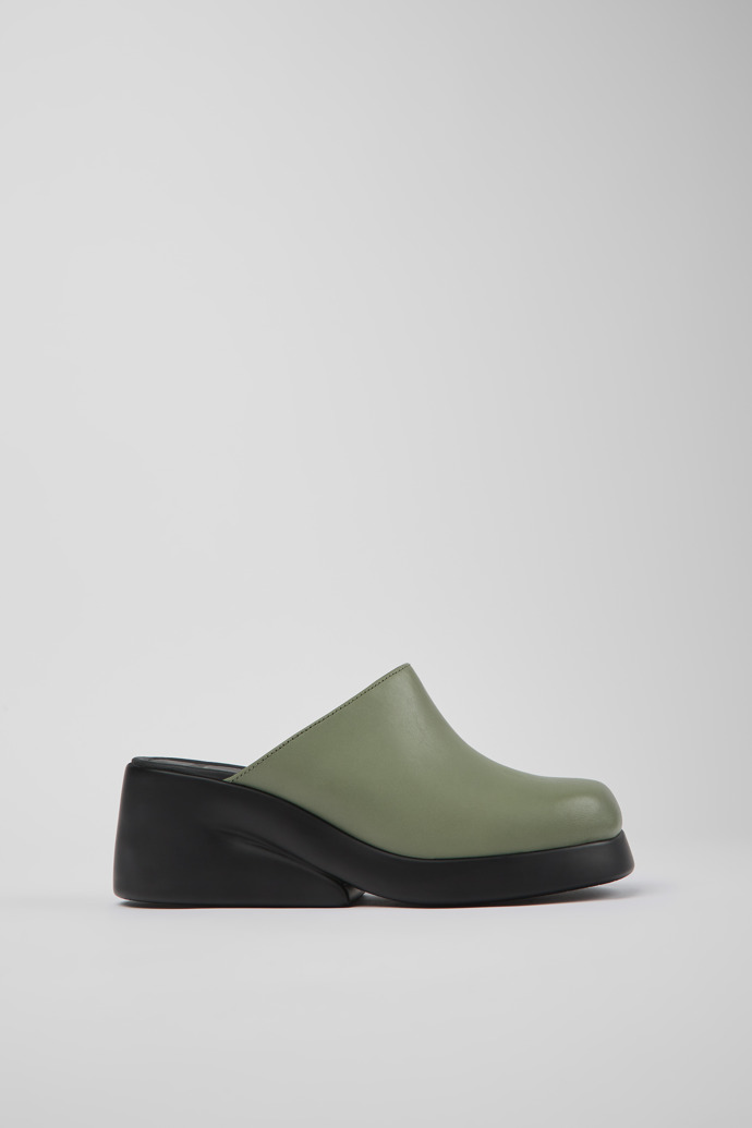 Side view of Kaah Green leather mules for women