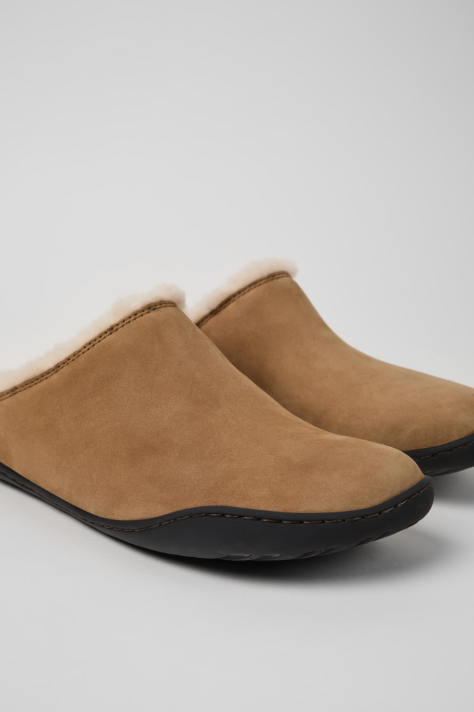 Close-up view of Peu Brown Nubuck Clogs for Women