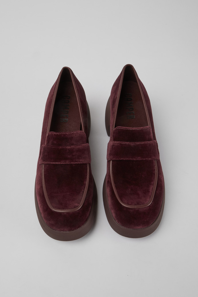 Overhead view of Thelma Burgundy velvet fabric shoes