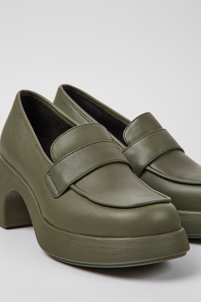 Close-up view of Thelma Green leather shoes for women