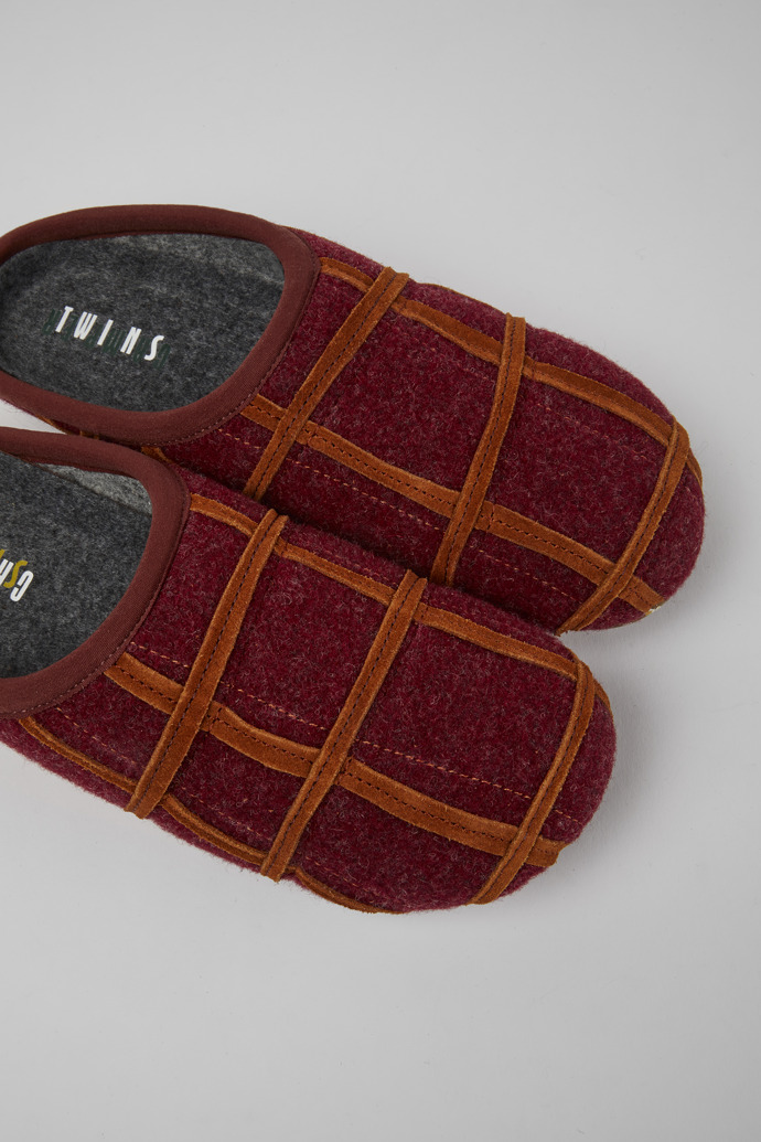 Close-up view of Twins Burgundy wool women’s slippers