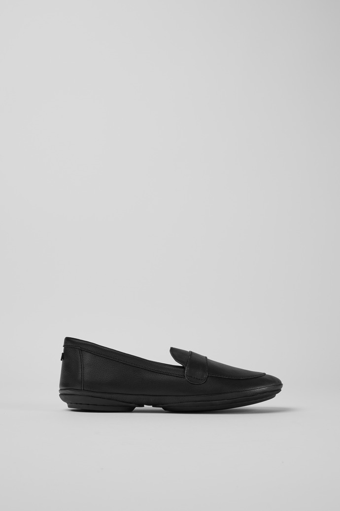 Side view of Twins Black leather moccasins