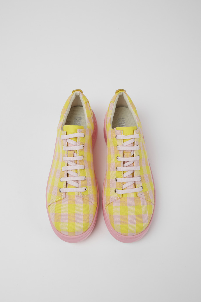 Overhead view of Runner Up Yellow and pink recycled cotton sneakers for women