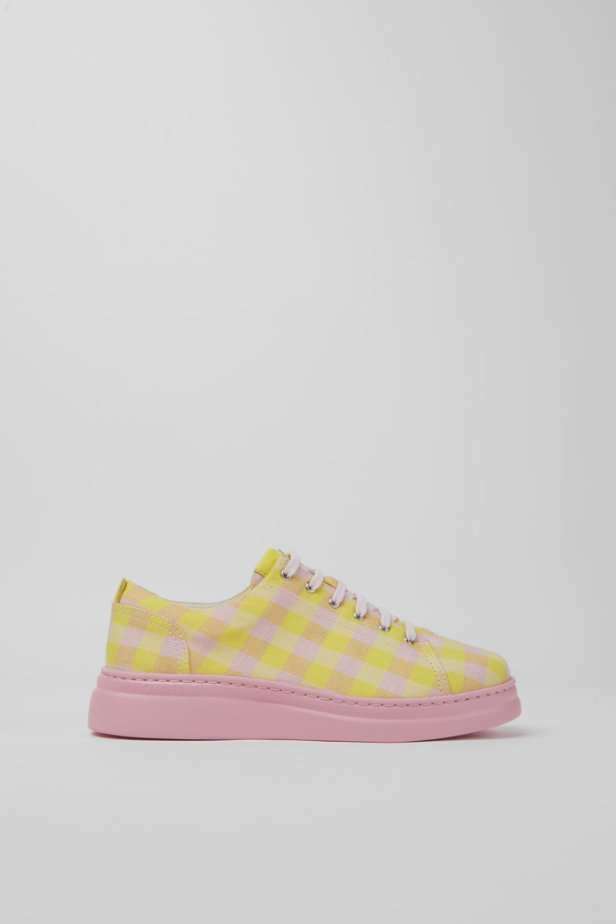 Side view of Runner Up Yellow and pink recycled cotton sneakers for women