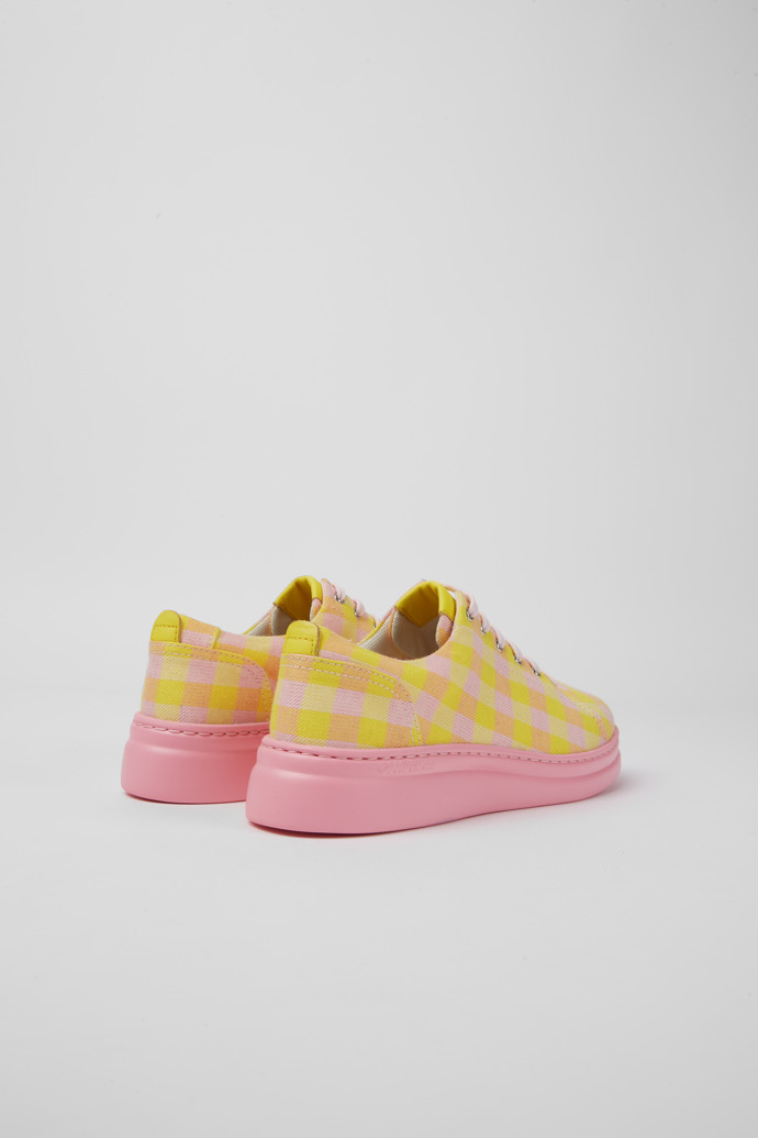 Back view of Runner Up Yellow and pink recycled cotton sneakers for women
