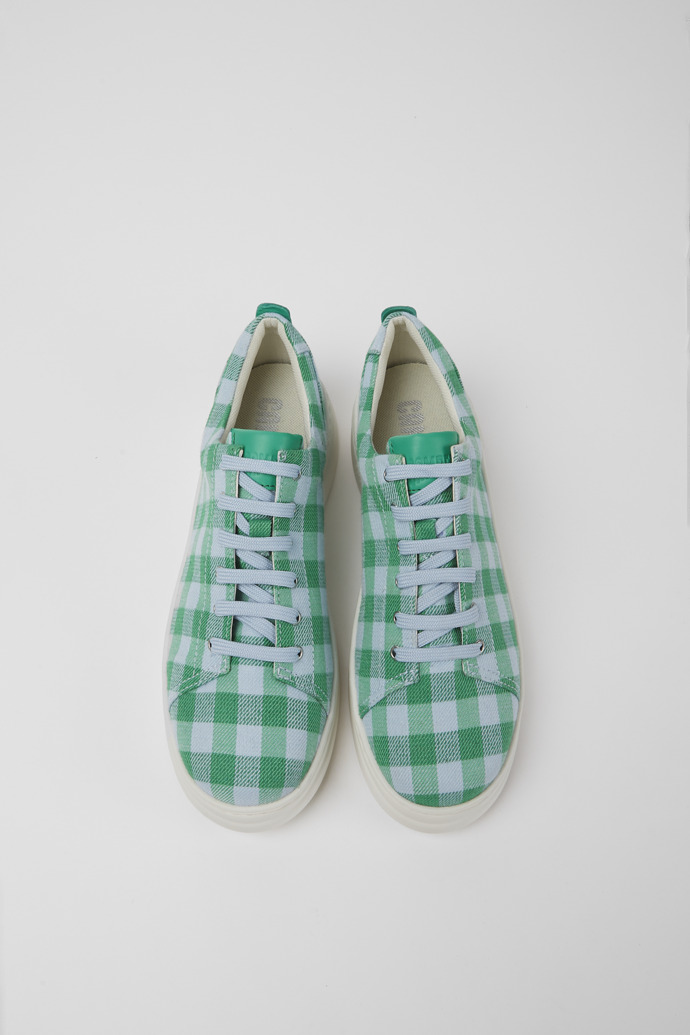 Overhead view of Runner Up Green and blue recycled cotton sneakers for women