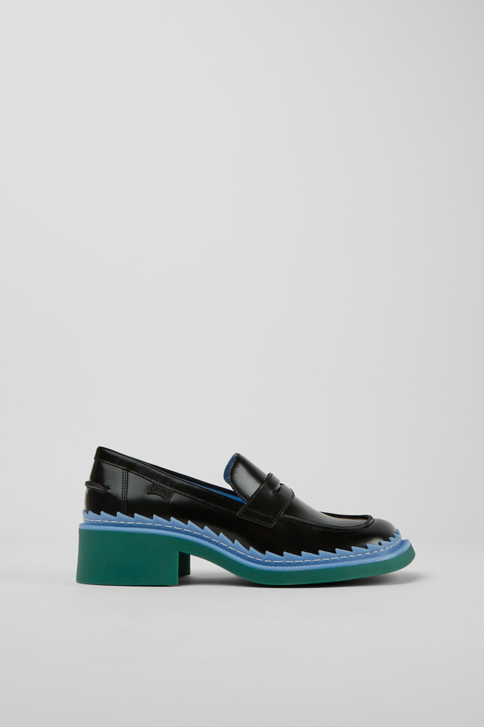 Side view of Taylor Black, blue, and green leather loafers for women
