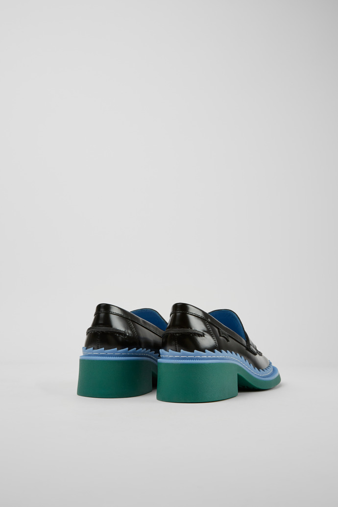 Back view of Taylor Black, blue, and green leather loafers for women