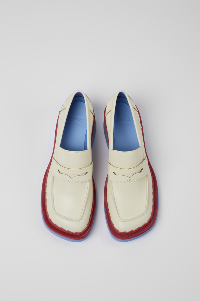 Overhead view of Taylor White and red leather loafers for women