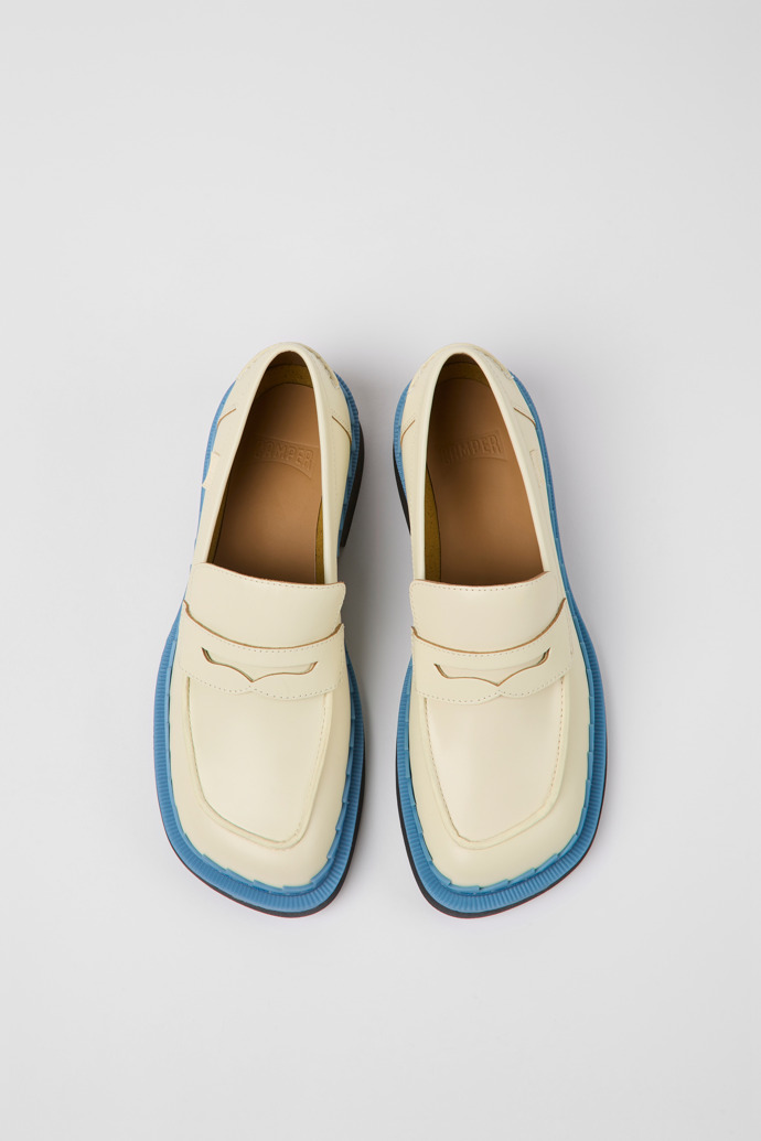 Overhead view of Taylor White and blue leather loafers for women
