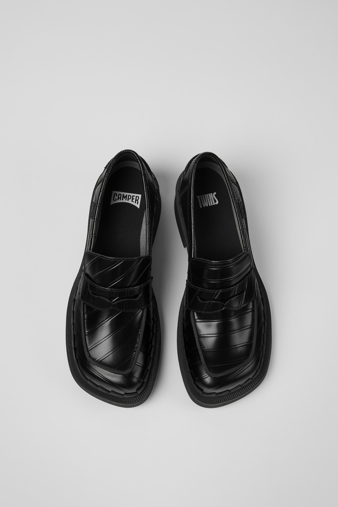 Image of Overhead view of Twins Black leather loafers for women