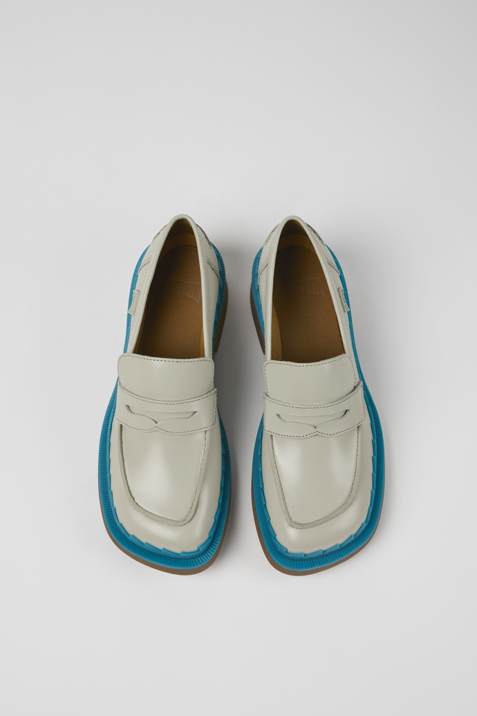 Overhead view of Taylor Gray and blue leather loafers for women