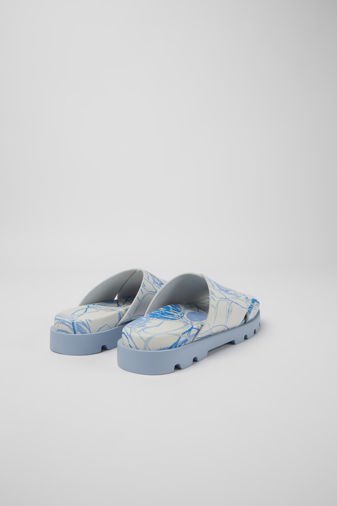 Back view of Brutus Sandal White and blue printed leather sandals for women