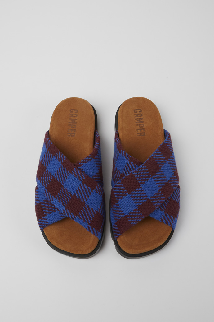 Overhead view of Brutus Sandal Blue and burgundy recycled cotton sandals for women