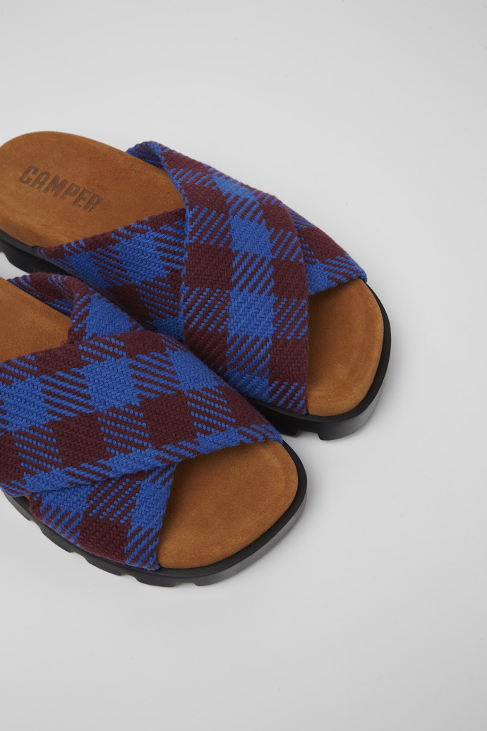 Close-up view of Brutus Sandal Blue and burgundy recycled cotton sandals for women