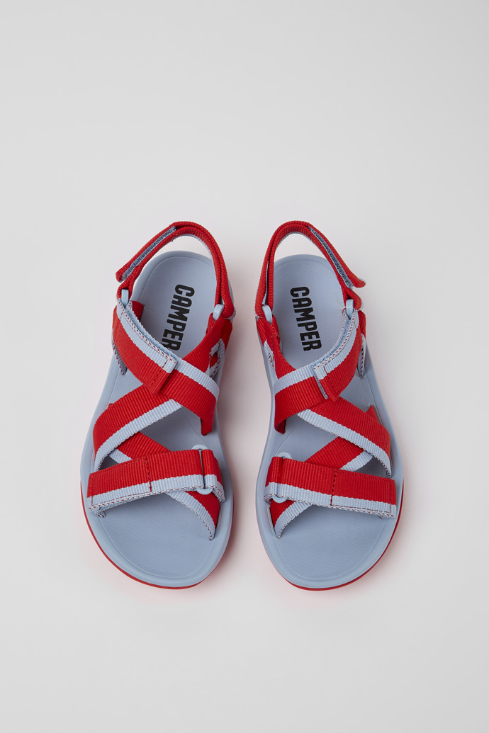 Overhead view of Match Red and blue recycled PET sandals for women
