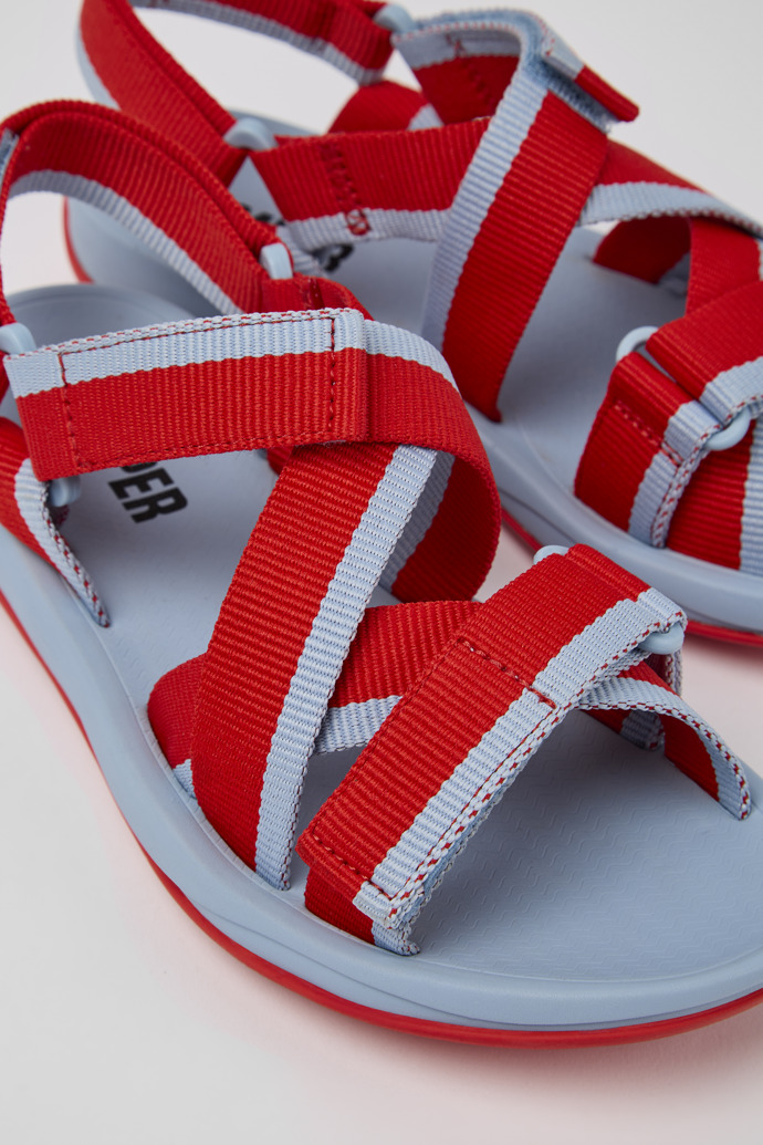 Close-up view of Match Red and blue recycled PET sandals for women