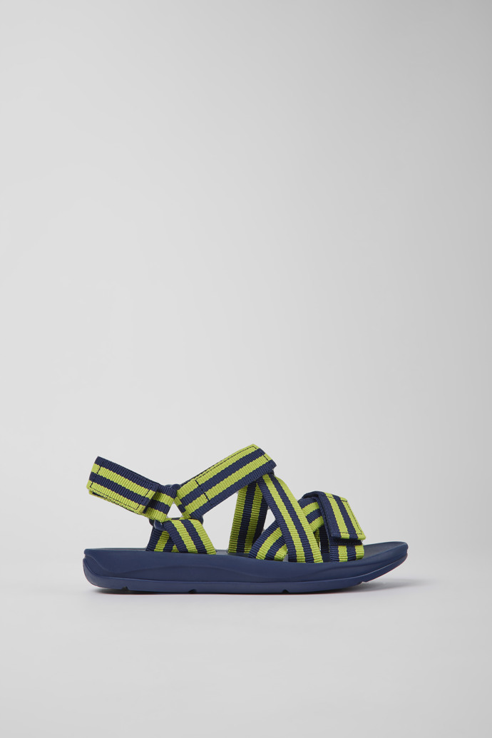 Side view of Match Blue and yellow textile sandals for women