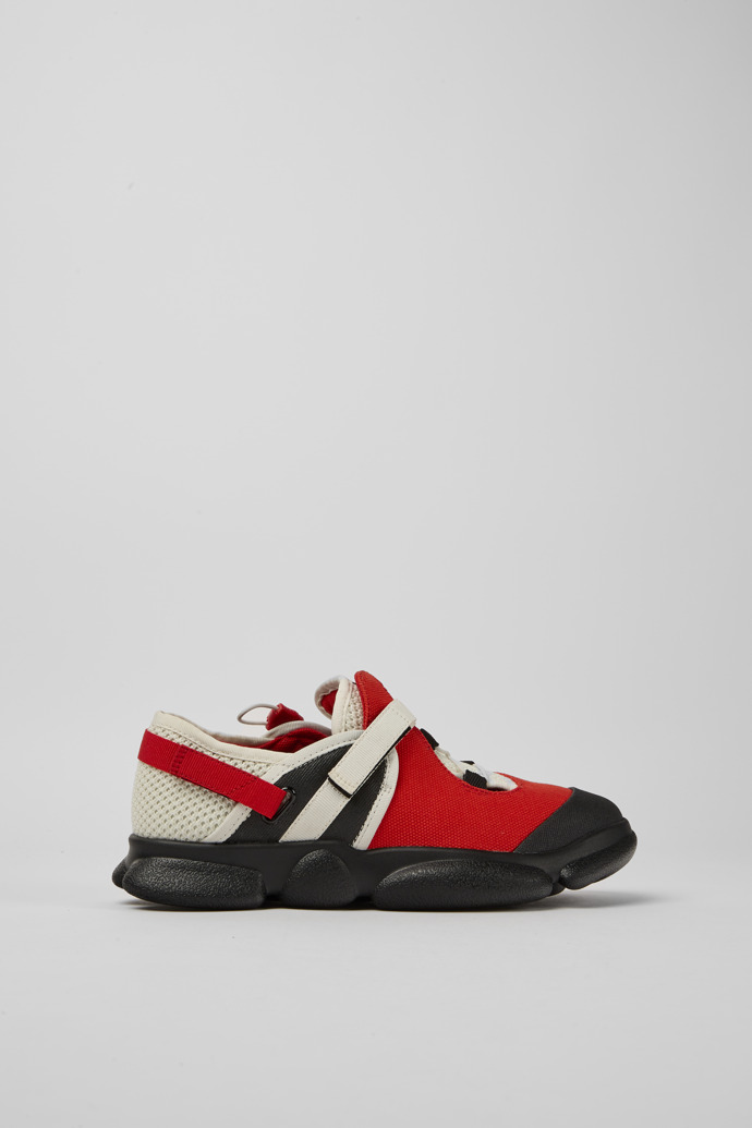Side view of Karst White, black, and red textile shoes for women