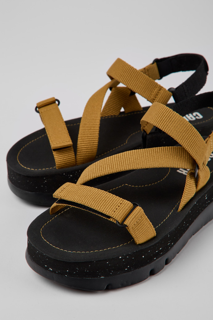 Close-up view of Oruga Up Brown recycled PET sandals for women